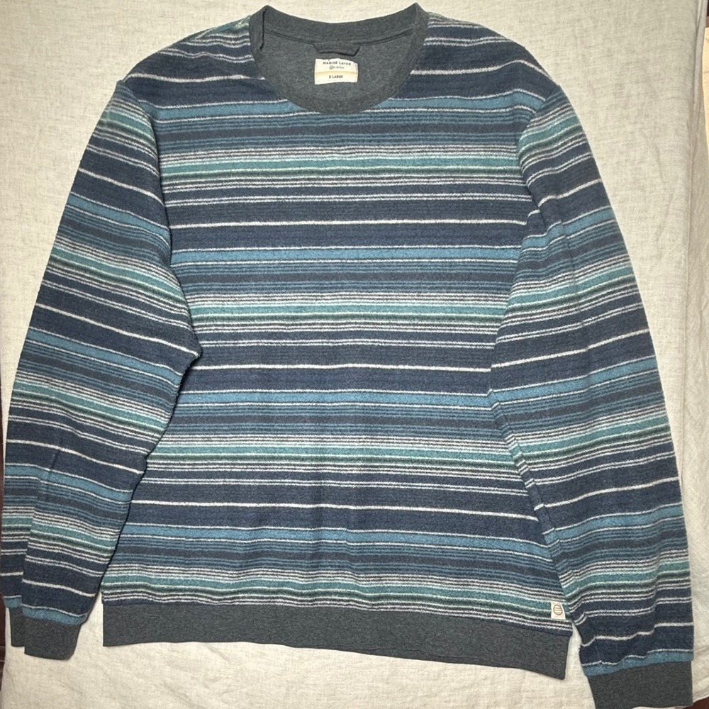 Marine Layer Re-Spun Sweatshirt Mens XL Blue Striped Excellent Crewneck Pullover - Picture 2 of 9